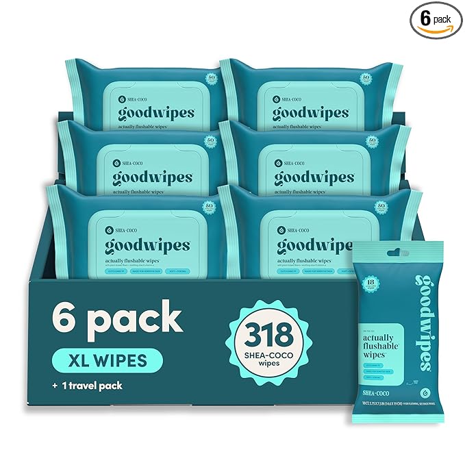 goodwipes Flushable Butt Wipes - Vitamin E & Aloe - Sewer & Septic Safe - Extra Large Adult Wet Wipes For Women & Men - Bathroom Essentials - Shea-Coco, 318 Count (6 Packs + 1 Travel)