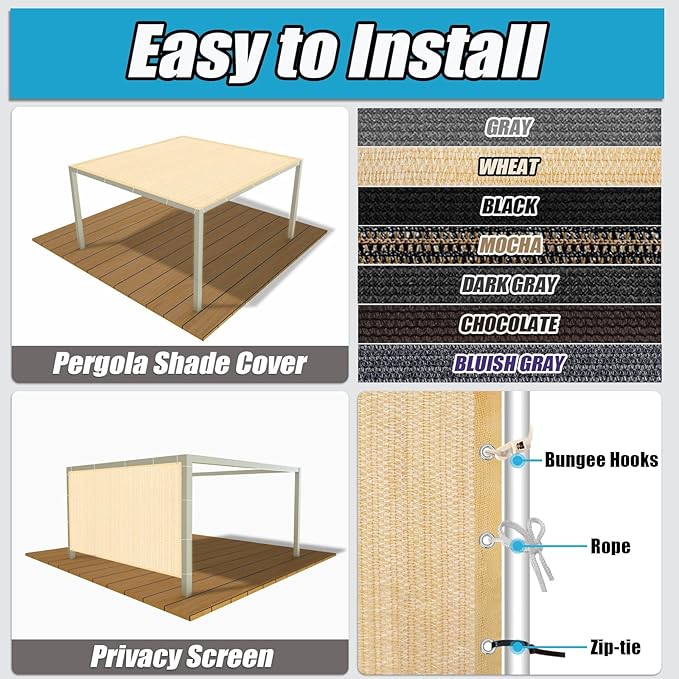Amagenix 90% Sun Shade Cloth with Grommets, 6' x 6' Pergola Replacement Shade Cover Canopy Privacy Screen for Outdoor Patio Garden, Wheat (We Customized)
