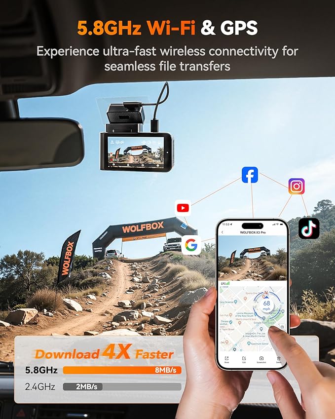 WOLFBOX X3 PRO Dash Cam Front and Rear, Dual STARVIS 2 IMX675, 1440P 60FPS+1440P ADAS Car Camera, EIS Image Stabilization with Ultra-Fast 5.8GHz WiFi, Voice Control & 3" Touch Screen, 64GB Card & GPS