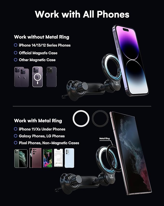 ZEEHOO Compatible with MagSafe Car Mount, Magnetic Phone Holder for Car [12 Strongest Magnets], Magnetic Car Vent Phone Mount [Non-Blocking&360 Rotation] for iPhone 15 14 13 12 Pro Max Mini