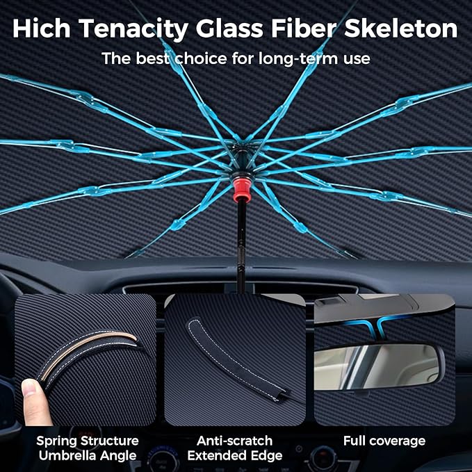 Upgraded Windshield Sun Shade Umbrella – Thickened Silver Titanium Coating, UV Protection for Car Front Window, Block Sun Rays & Keep Interior Cool, Reinforced Spring Edge, Universal Fit, 56"L x 31"W
