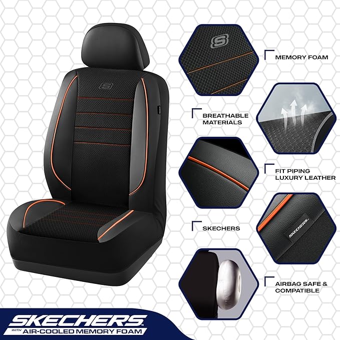 Skechers Air-Cooled Memory Foam Seat Covers,Mesh Thick Car Seat Covers,Piping Leather Car Seat Cover,Airbag Compatible,Automotive Comfort for Most Cars, Vans, Trucks, SUV(Orange, Full Set)