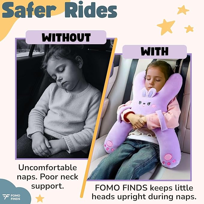 Kids Car Sleeping Pillow - X-Shaped Plush Animal for Neck & Back Support - Hands & Seat Belt Slot - Machine Washable & Compressible - Perfect for Car, Plane, Train, Boat & More - Purple