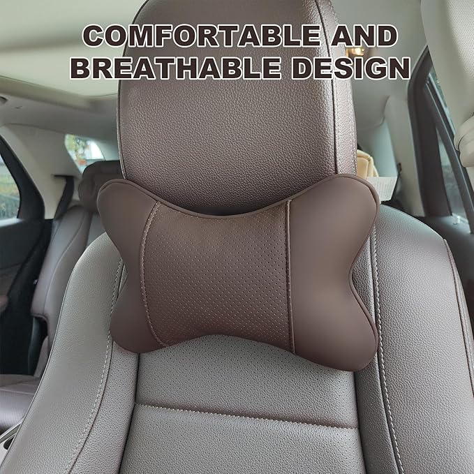2 Pack Car Neck Pillow PU Leather Automotive Headrest Pillow for Car Support Neck Pain Relief Universal Car Pillow (Brown)