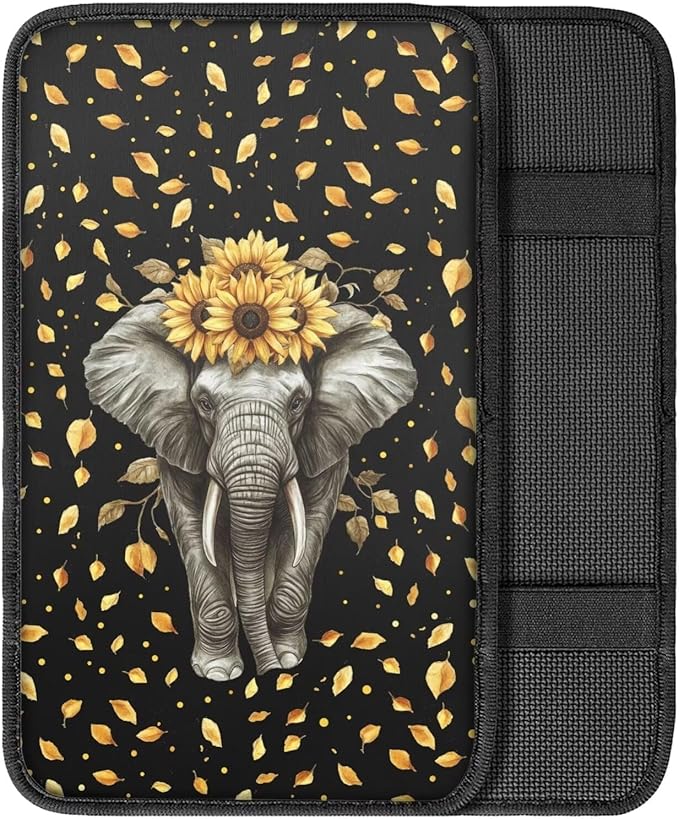 Suobstales Elephant Sunflower Leaf Print Car Armrest Pad Soft Center Console Arm Rest Protector Cover Universal Car Interior Accessories Decoration