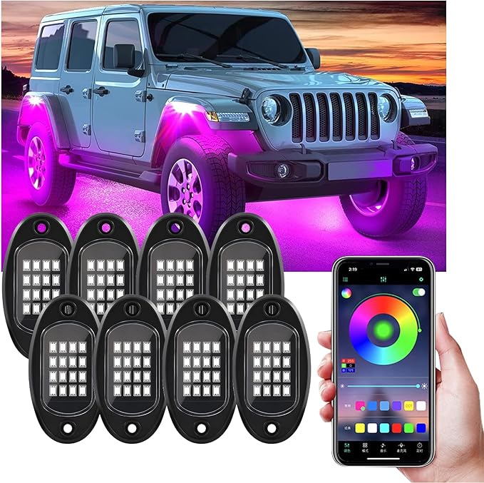 Ohleats Rock Lights for Car, Multi Color RGB LED Rock Lights Kit with APP Control & Music Mode, Waterproof Underglow Rock Neon Light for Pickup Truck SUV, Car Accessories (8 Pods)