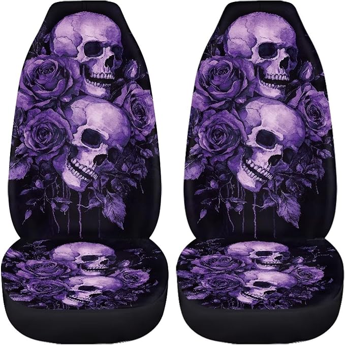 Purple Skull Rose Car Front Seat Covers Elastic Fabrics Universal Front Seat Cover Removable Automotive Accessories Easy Installation Suitable for Cars, SUV and Trucks