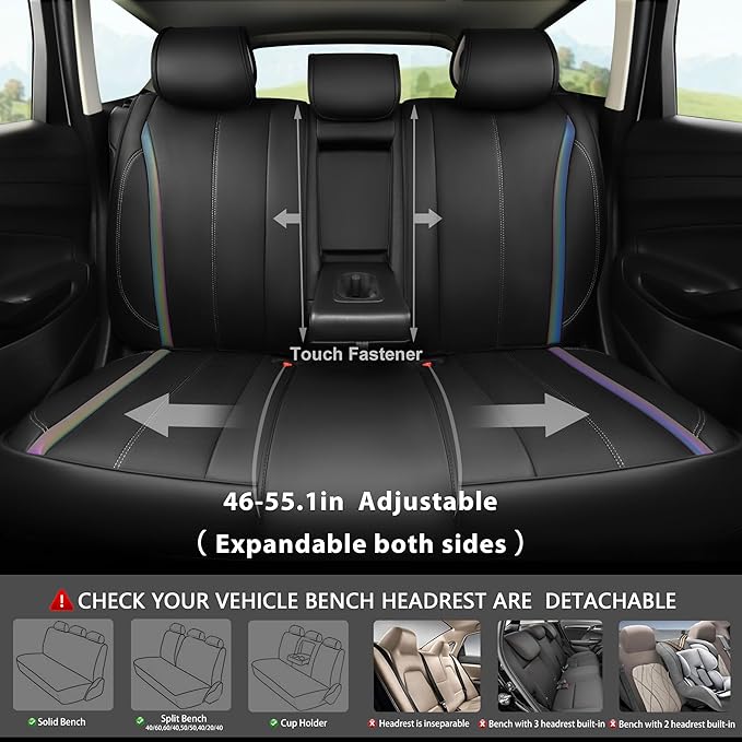 CAR PASS Back Seat Covers, Nappa Leather Rear Seat Bench Cushion Waterproof Breathable Back Row Protector Universal Fit for Car Sedan SUV Pickup Truck, Back Rear Black Chameleon Iridescent Reflective