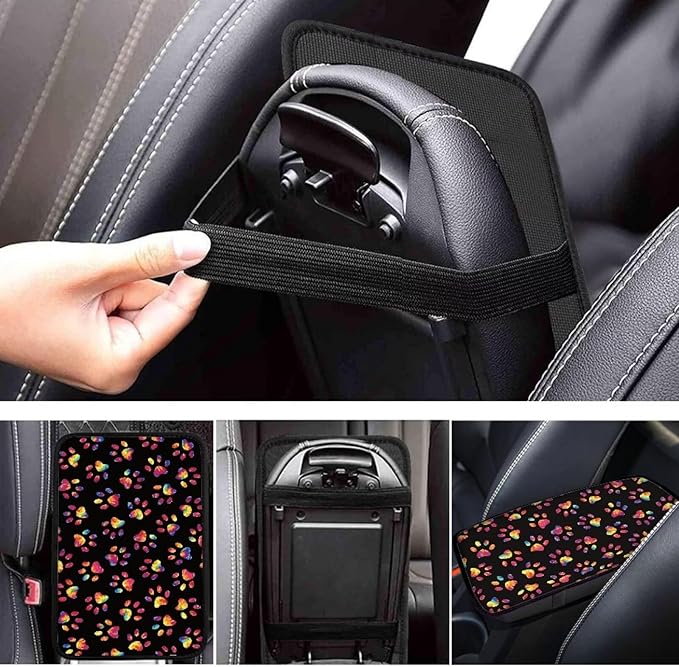 Dreaweet Tie Dye Dog Paw Center Console Cover for SUV Cute Car Accessories for Women Car Armrest Cover Cushion Soft Comfy Car Arm Rest Cover Pad Universal for Most Vehicles