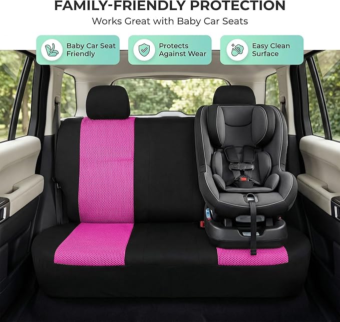 FH Group Automotive Rear Car Seat Covers for SUV, Trucks, Sedan and More - Universal Fit Rear Solid Bench Design Interior Accessories - 3D Mesh Fabric Center Panel - Pink