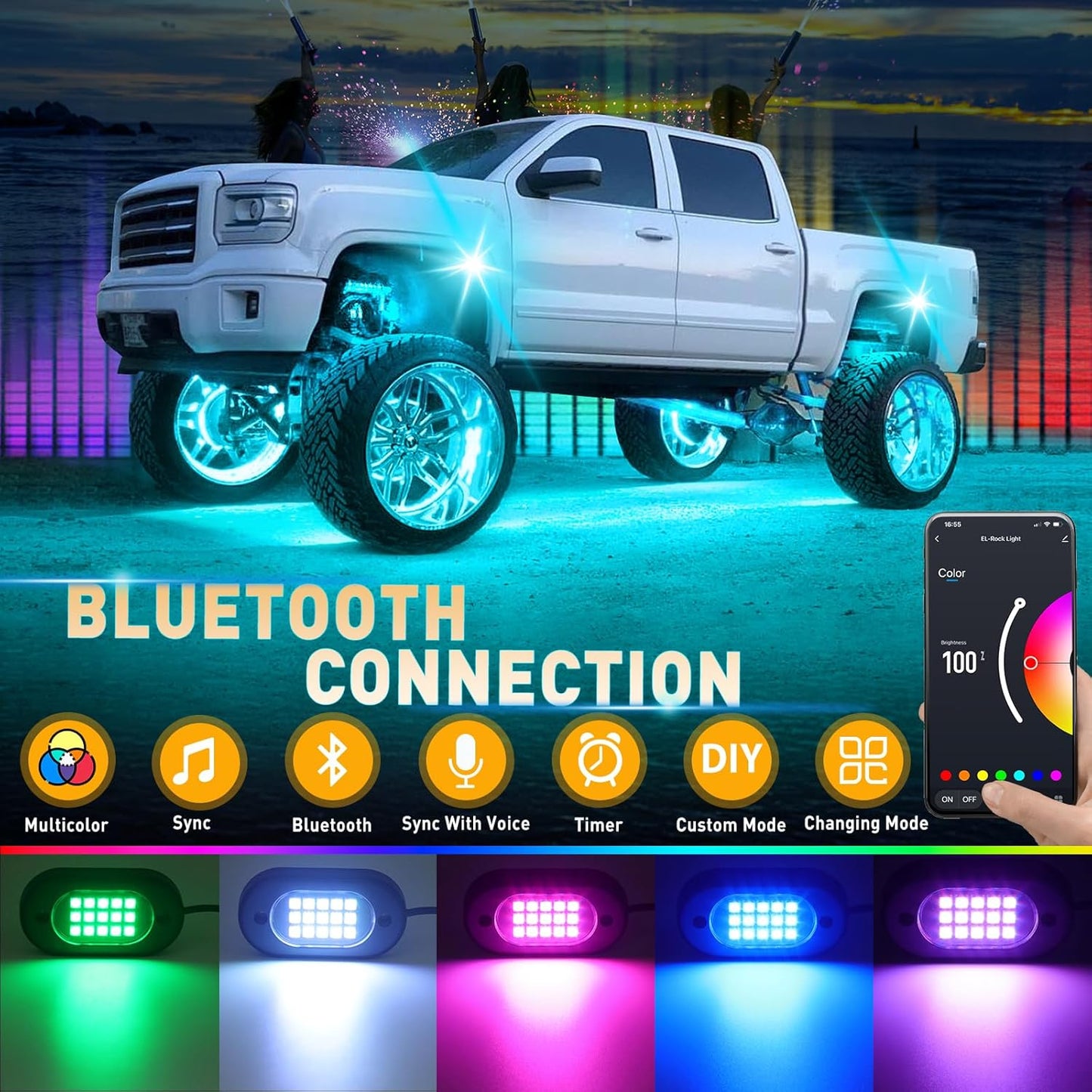 Honalia RGB Rock Lights for Trucks 8 pods, Neon Light Kits for UTV with Music Mode, Multicolor Truck Rock Light Kits for UTV ATV Golf Cart Four Wheeler RZR Truck