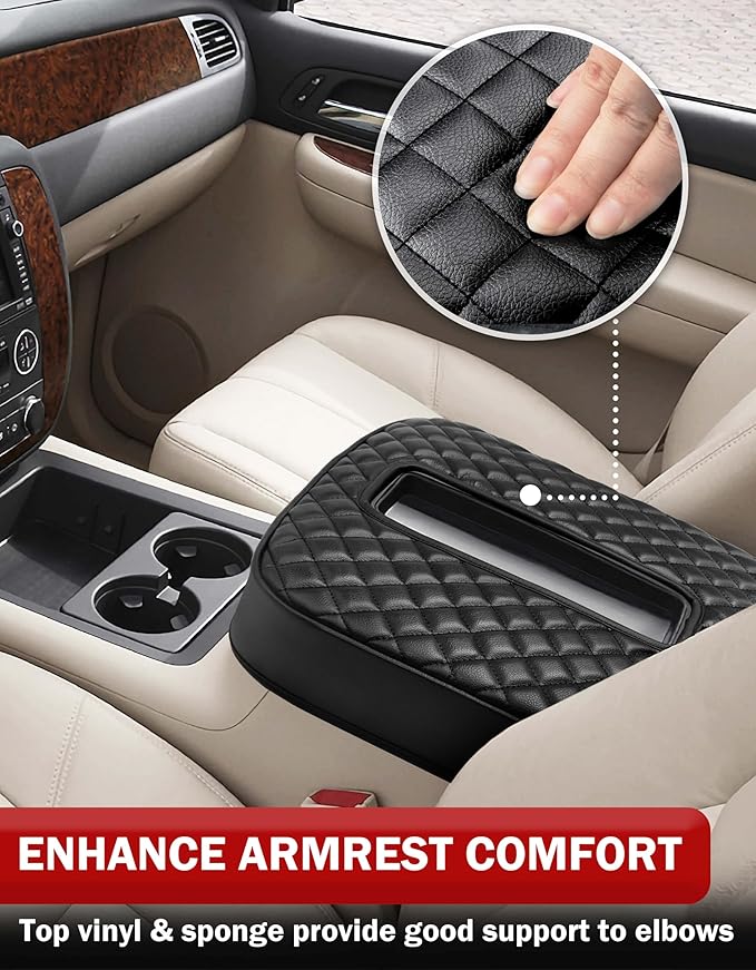 KBH Center Console Armrest Cover for 2007-2014 Chevy Silverado & Tahoe & Avalanche & Suburban, GMC Sierra & Yukon, Vinyl Leather, Floor Console Bucket Seat, Black
