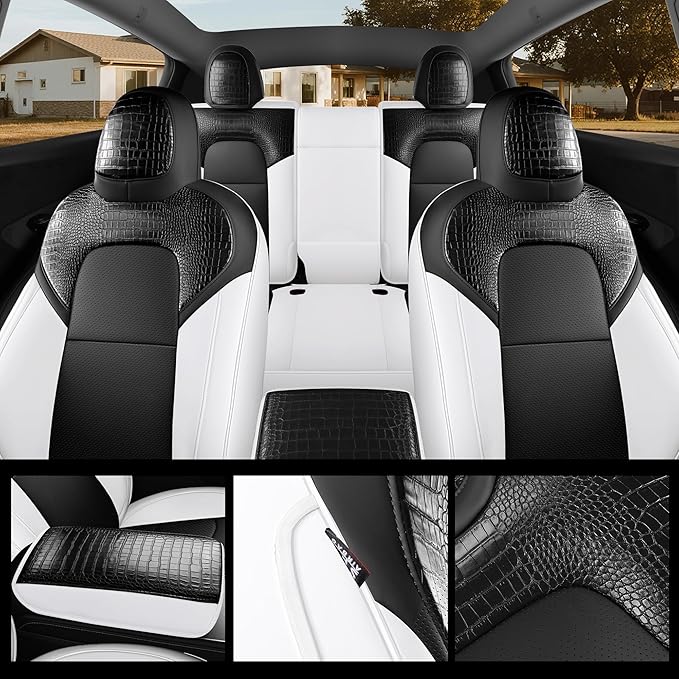 for Tesla Model Y Seat Cover Customized Fit 2020 2021 2022 2023 2024 Black Crocodile Leather and Nappa Leather Splicing Seat Cover Full Set (Crocodile Black)