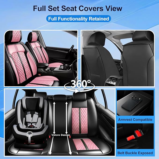 Fit Malibu Car Seat Covers for Chevrolet/Chevy Malibu 2009-2025, Full Coverage Leather, Airbag Compatible, Waterproof All Weather Breathable Seat Cushion Protector, Full Set, Black+Pink