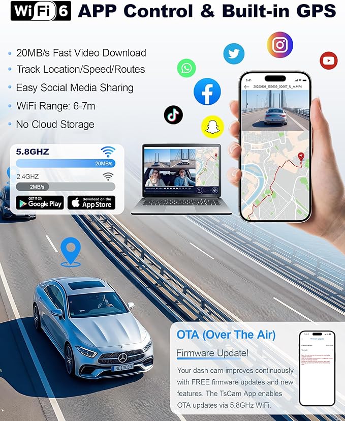 N300Pro 4K 4 Channel Dash Cam Front and Rear, STARVIS 2 Sensor, 3" Touch Screen, 5.8GHz WiFi GPS, 360° Car Dash Camera, AI Driver Monitor System, Free 64GB Card, WDR Night Vision HDR, 24H Parking Mode