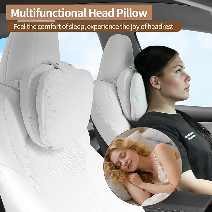 Car Headrest Pillow for Driving, Dual-Sided Leather Design Neck Pillow, Breathable Softness Neck Support, Universal Fit Head Rest Travel Pillow, White, 2 Pack