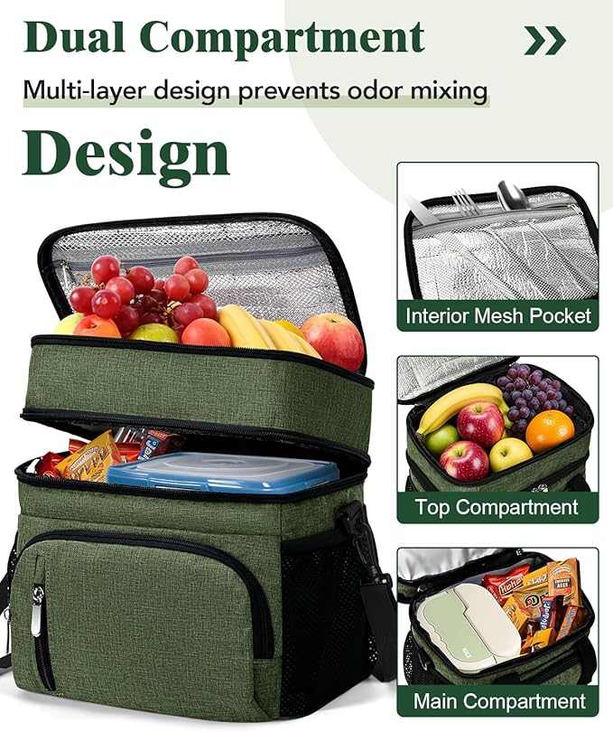 Insulated Lunch Bag for Men & Women, Double Leakproof Lunch Box Soft Cooler Tote with 5 Pockets, 600D Oxford, EVA Lining, Adjustable Strap for Work, Picnic, Beach&Travel-Army Green