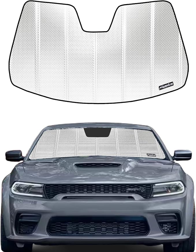 Windshield Sun Shade for Dodge Charger 2011-2023 with Rearview Mirror Mounted Camera. Reflective Aluminum Film Front Window Sunshade B