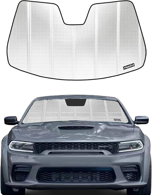 Windshield Sun Shade for Dodge Charger 2011-2023 with Rearview Mirror Mounted Camera. Reflective Aluminum Film Front Window Sunshade B