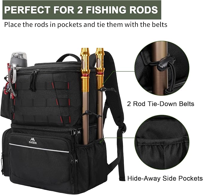 MATEIN Fishing Backpack, Water Resistant Tackle Storage Bag with Rod Holders & Cooler, Fishing Gifts for Men