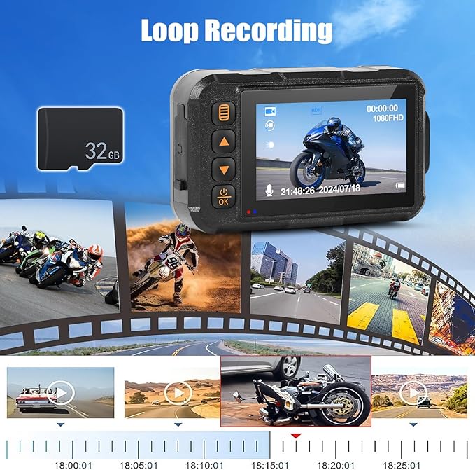 CAMECHO Motorcycle Dash Cam Front and Rear, IP67 Waterpoorf Dual Dash Camera with 32GB Card, 3" HD Car Camera with G-Sensor, Night Vision, Loop Recording, Dashcam for Motorbike, Motorsports