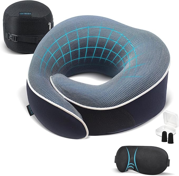 Proglobe Orthopedic Neck Pillow Travel Neck Pillows for Airplanes, Memory Foam Kit, Updated Resting Material, Airplane Travel Set with 3D Contoured Eye Masks, Earplugs, and Luxury Mesh Bag (Blue)