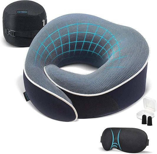 Proglobe Orthopedic Neck Pillow Travel Neck Pillows for Airplanes, Memory Foam Kit, Updated Resting Material, Airplane Travel Set with 3D Contoured Eye Masks, Earplugs, and Luxury Mesh Bag (Blue)