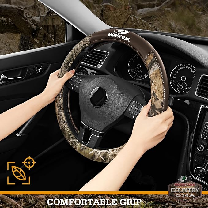 Mossy Oak Camo Steering Wheel Cover, Durable Grip Car Steering Cover, Universal Fit 14.5"–15.5" - Made with Premium Brown PVC Leather and Cotton Fabric, Anti-Slip - Official Licensed Product
