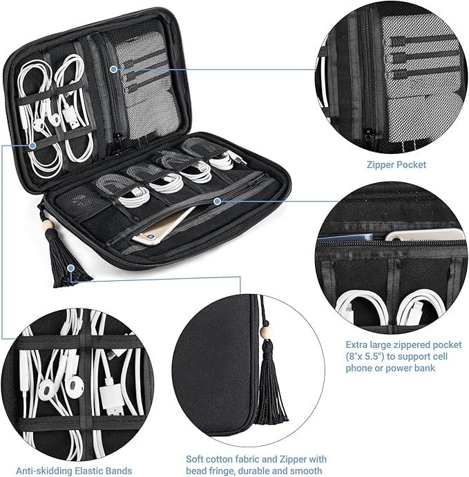 Mkono Electronics Organizer Travel Cable Cord Organizer Cotton Bag, Portable All-in-One Accessories Travel Essentials Storage Case with Tassel for Cable Charger Phone USB Pouch for Women, Black