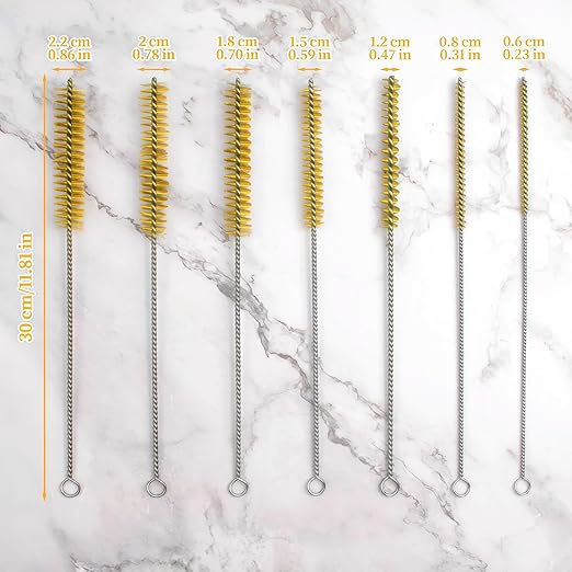 7 PCS Brass Wire Tube Brush Kit Wire Bottle Brushes, 11'' Long-Handle Wire Bristle Cleaning Pipe Cleaner, 6mm/8mm/10mm/12mm/15mm/20mm/22mm Brass Tube Brush for Tubes,Bottle,Keyboards,Glass