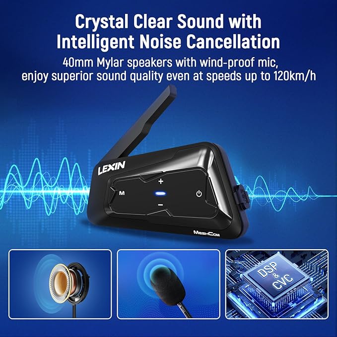 LEXIN MeshCom Motorcycle Helmet Bluetooth Headset, 24 Riders Mesh Communication System, Dual Chips with Audio Multitasking/Music Sharing/1100mAh Battery/FM Radio/Noise Reduction/Waterproof, Dual Pack