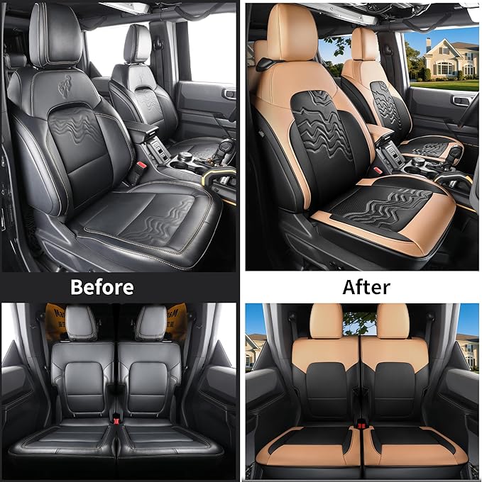 Red Rain Bronco Leather Seat Cover Customized Fit for Ford Bronco 2 Door 2025 to 2021 Black and Orange Auto Seat Cushion Protector (Bronco 2Door-Black+Orange)