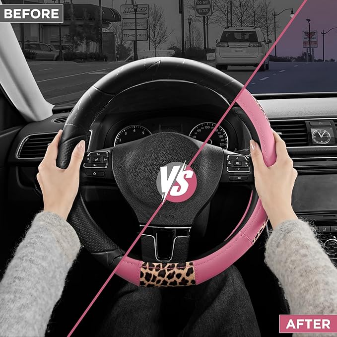 Road Comforts D-Type Steering Wheel Cover - Made with PVC Leather and Leopard Fabric - Universal Fit for 15-Inch D-Shaped Automotive Steering Wheels (Pink Color)