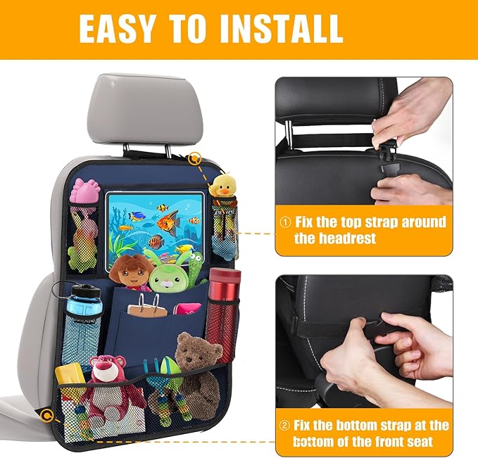 ULEEKA Car Backseat Organizer with 11" Table Holder, 10 Storage Pockets Seat Back Protectors Kick Mats for Kids Toddlers, Travel Accessories, 2 Pack, Blue