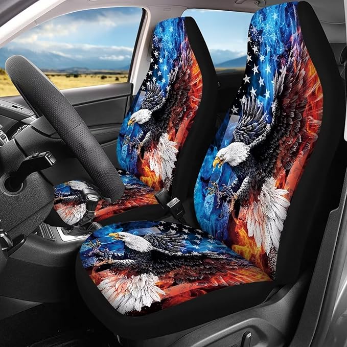 KEIAHUAN American Flag Bald Eagle Car Seat Covers Full Set Auto Front Seat Cushion Rear Split Bench Seat Pads Breathable & Washable Fit Most Cars, Trucks, SUV or Vans