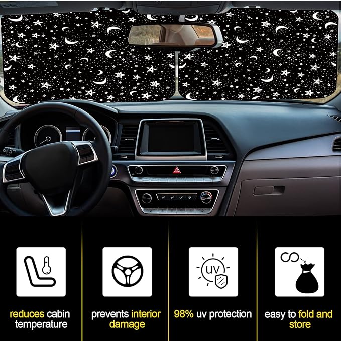 Moukeren 2 PCS Windshield Sun Shade for Car Foldable Window Covers for Car Accessories Reflect UV Sun Heat Protector for Universal Cars SUV Truck RV (Star Moon,31.75 x 28.75 Inch)