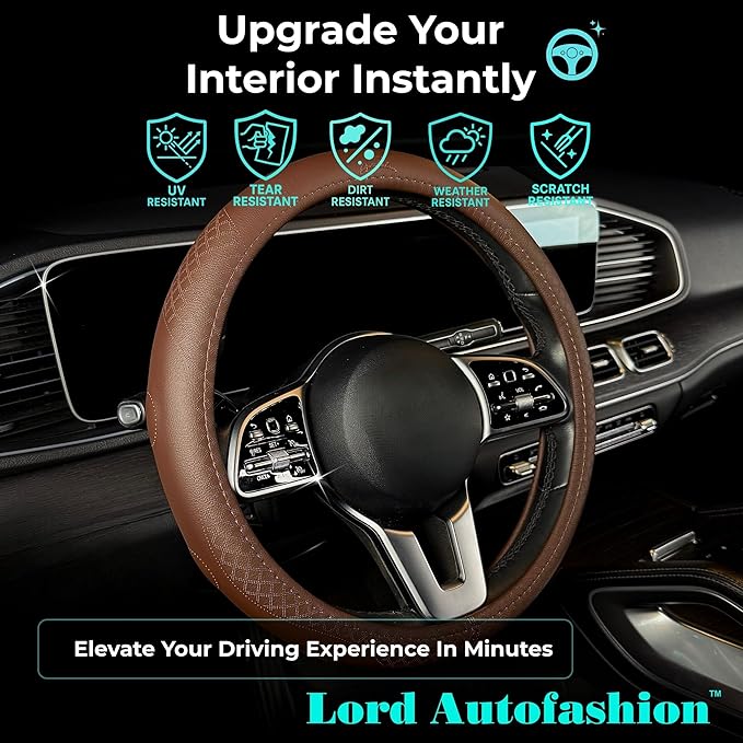Lord Autofashion Steering Wheel Cover – PU Leather, Non-Slip Rubber Inner, All-Season Comfort – 14.5–15 Inch (Brown 9283)