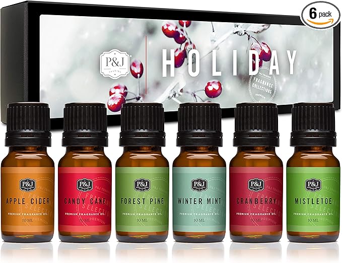 P&J Fragrance Oil Holiday Set for Christmas Home Decor | Mistletoe, Candy Cane, Wintermint, Apple Cider, Cranberry, and Forest Pine Candle Scents for Candle Making, Soap Making, Diffuser Oil Scent