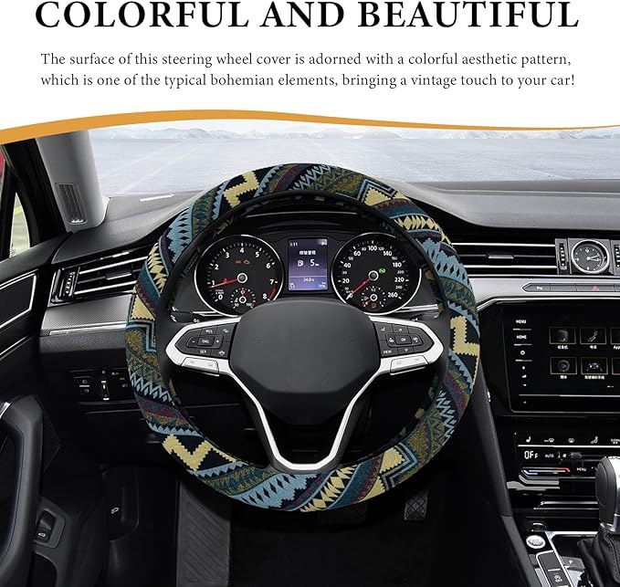 Boho Steering Wheel Cover, 15 Inch Coarse Flax Cloth Ethnic Style Anti-Slip Car Wheel Wrap, Universal Breathable Bohemian Steering Wheel Protector for Cars Vans Trucks (H)
