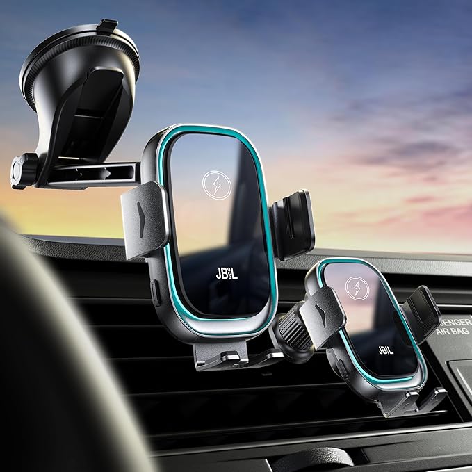 Wireless Car Charger, 3-in-1 Car Phone Holder Car Charger Phones Mount Windshield Dashboard Air Vent Fast Charging Cell Phone Holder with LED Light for iPhone Air Pro Max,Samsung S24/S23
