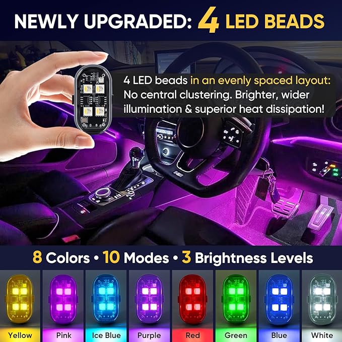Upgraded 4LEDs 4PCS Wireless LED Strobe Lights with Remote Control, 8 Colors Type-C Rechargeable Led Lights Anti Collision Warning Light for Car Motorcycle Bike Drone Aircraft