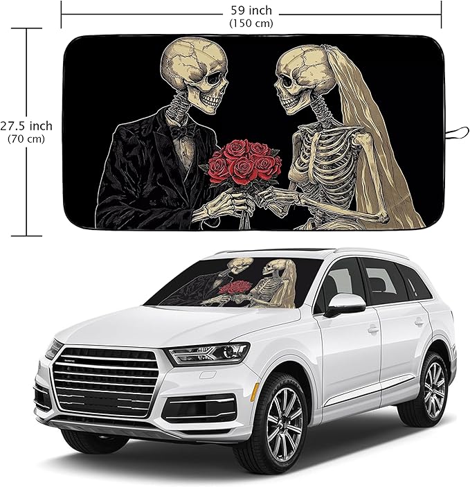 Couple Skull Car Windshield Sun Shade Foldable Sunshade Front Window Cover Sun Visor Protector Accessories (59x27.5 inches)