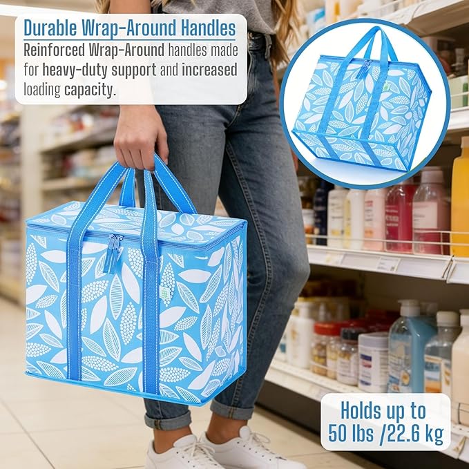 VENO 2 Pack Cooler Bag, Insulated Grocery Bags for Food Delivery, Collapsible Cooler, Reusable Shopping Bags for Groceries, Hard Bottom, Zippered, Foldable (Spring Breeze, 2 Pack)