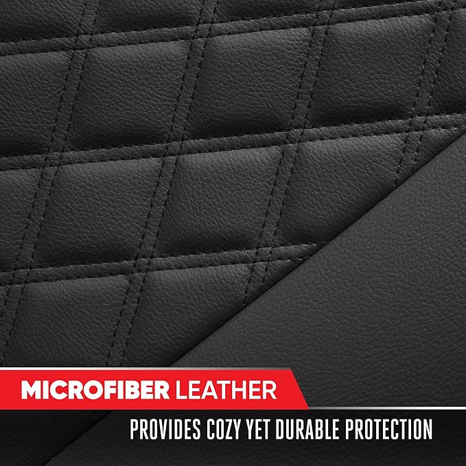 Motor Trend Rear Seat Cushion - Black Diamond Stitched Faux Leather Rear Seat Cover for Cars, Trucks, SUVs - Padded, Waterproof, Non-Slip Back Seat Cover with Storage Pockets