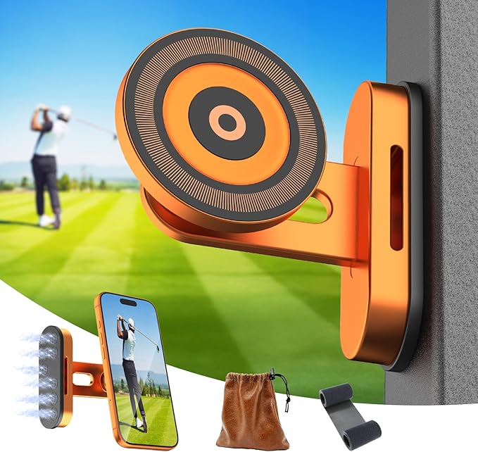 Magnetic Golf Cart Phone Holder Compatible with iPhone 12-17, Golf Accessories for Men, Photography-Friendly T-Shape Design Strong Magnetic Phone Caddy with 360° Adjustable Ball Head, Golf Gifts