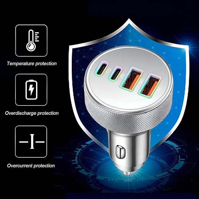 4 in 1 USB C Car Charger, 4-Port 90W PD QC Dual USB C & USB A Vehicle Fast Charging Cigarette Lighter Adapter, Multiport Auto Phone Charge Adapter, Fits 16 15 14 Pro Max Tablet (Silver)