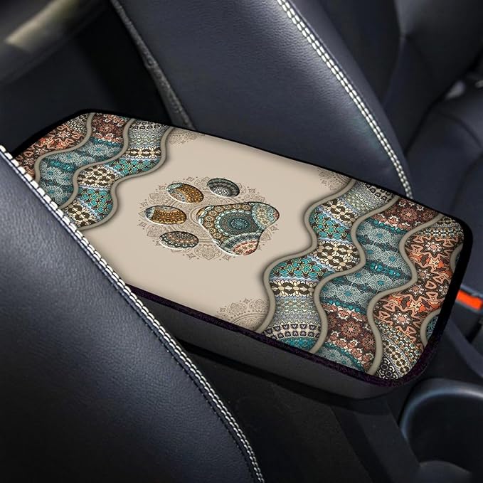 Suobstales Boho Paw Print Car Center Console Armrest Cover Seat Box Mat Auto Decorations Fit Most Vehicle SUV Truck Sedan