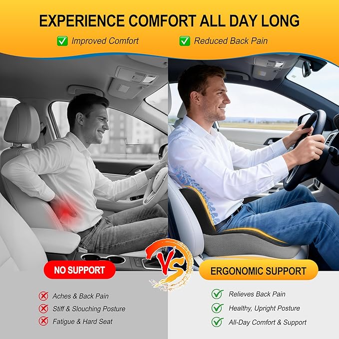 Memory Foam Car Seat Cushion with Lumbar Support, L-Shaped Ergonomic Design for Long Driving, Pressure-Relief Comfort for Car, SUV, Semi Truck & Office Chair