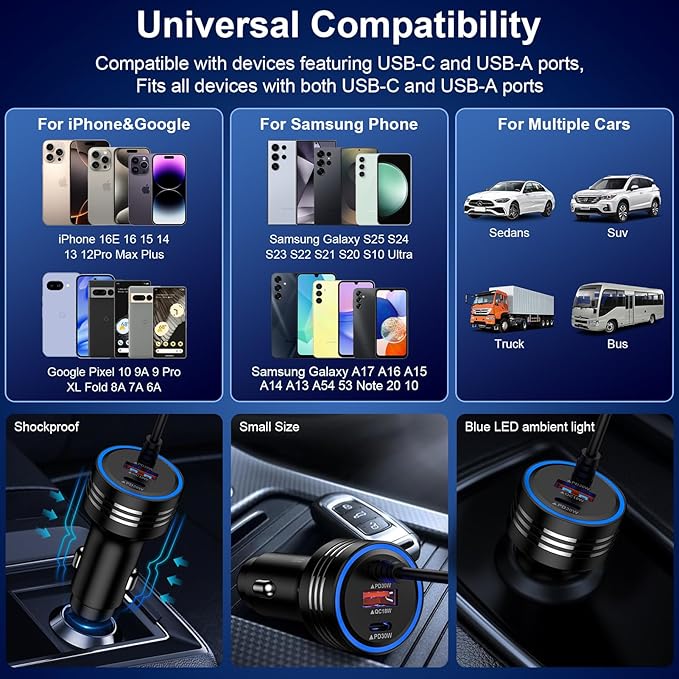 USB C 78W Car Charger for Google Pixel 10 Pro/10 Pro XL/10 Pro Fold/10/9A/9/9 Pro XL Fold/8/8 Pro/8A/7/7 Pro/7A/6 Pro,PD&QC 3.0 Fast Car Phone Cigarette Lighter USB Charger&4FT C Coiled Cable