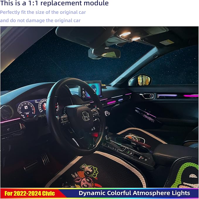 Ambient Lighting Kit for 11th gen Honda Civic，Interior Car Neon Lights for 2022 2023 2024 2025 Civic, Button and APP-Controlled RGB LED Strip Lights